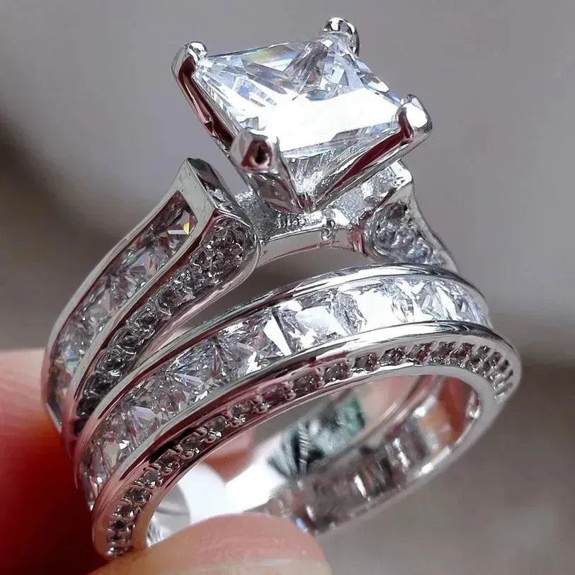 New Style Charm Couple Rings His Her Silver Color Princess Cut CZ Anniversary Promise Wedding Engagement Ring Sets - EX-STOCK CANADA