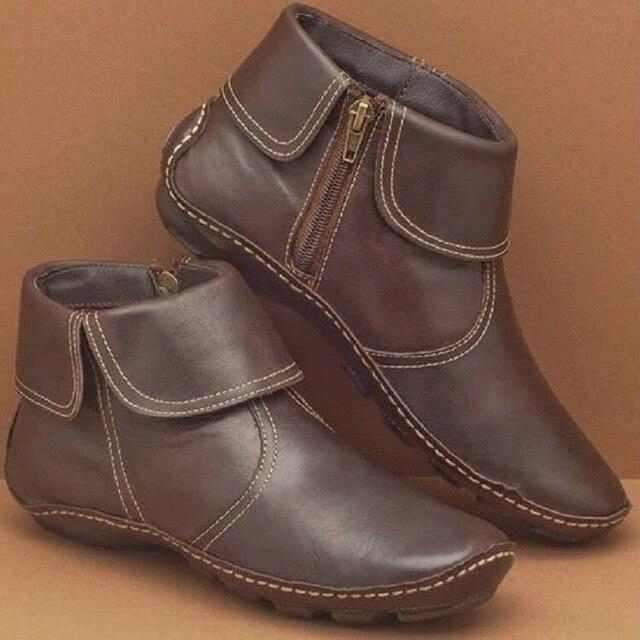 Women's PU Leather Ankle Boots with Side Zipper & Velcro Strap — Casual Short Boots