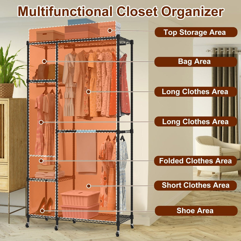1Pc 4 Tier Heavy Duty Garment Rack With Wheels Carbon Steel Clothing Rack Portable Wardrobe Clothes Rack With 3 Hanging Rods 6 Footrests 44.9x17.13x77.95in EX-STOCK