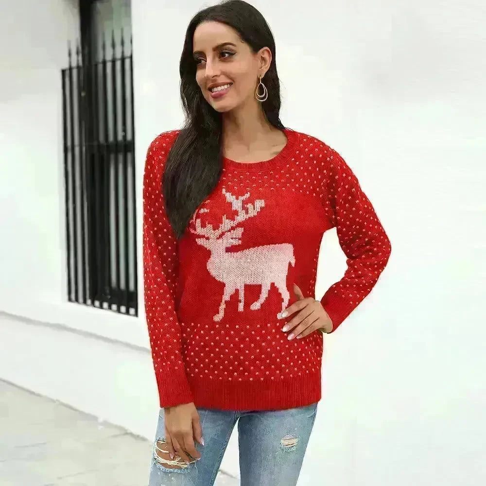 Fawn Reindeer jacquard christmas sweater Round neck women - EX-STOCK CANADA