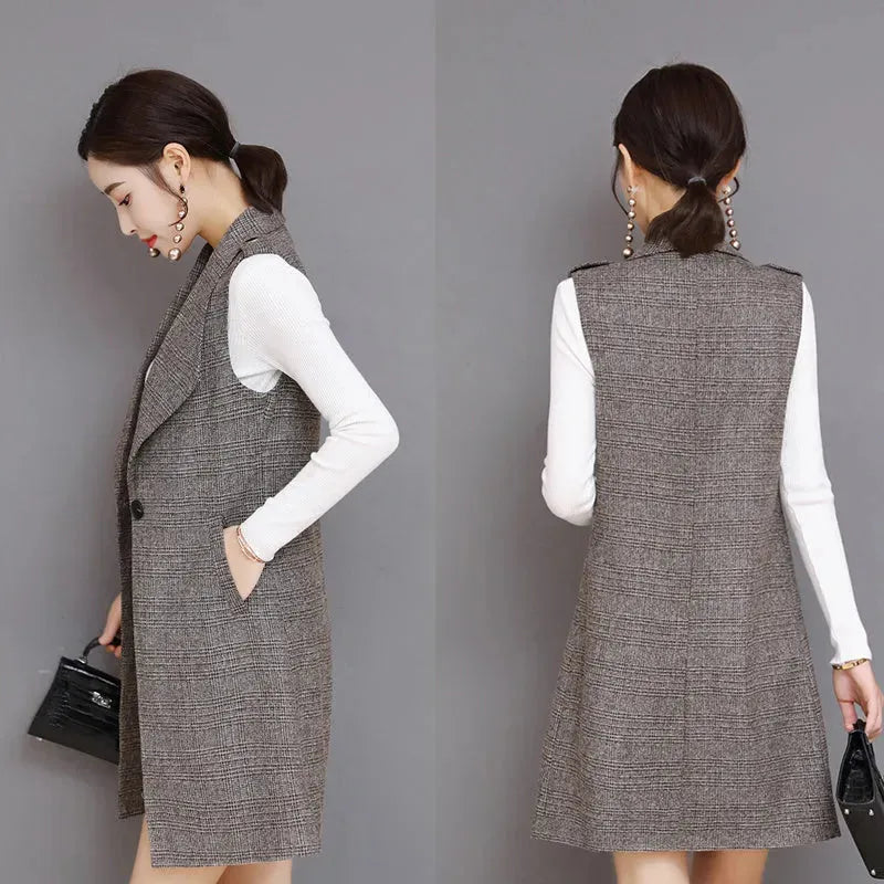 Plaid Long Blazer Vest Women Sleeveless Jacket - EX-STOCK CANADA