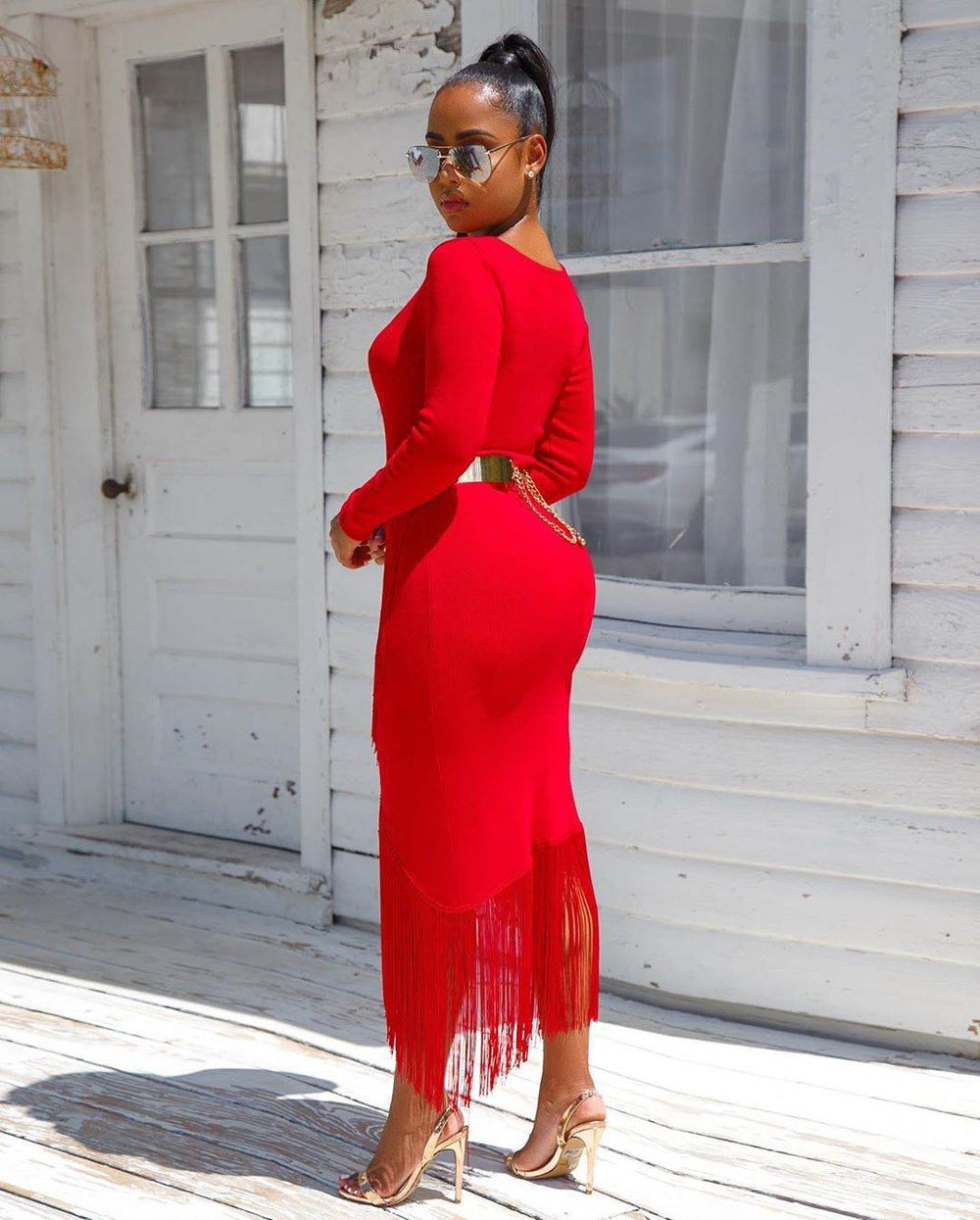 Chic Long Sleeve Tassel Fringed Bodycon Dress - EX-STOCK Canada