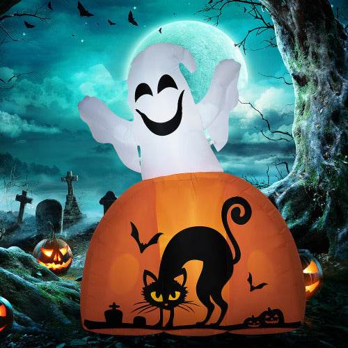 HOMCOM 5ft Halloween Inflatables Outdoor Decorations Ghost With Pumpkin, Outdoor Blow Up Yard Decor With LED Lights For Garden, Lawn, Party, Holiday EX-STOCK