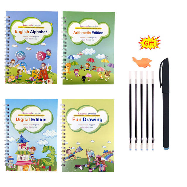Four educational books on a white background with a pen and eraser.