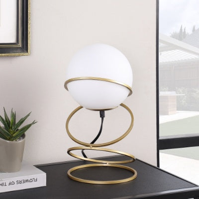 13.5 H Glass Globe Matte Gold Spiral 4 Ring Metal Stand Table Lamp For Living Room, Nightstand Bedside Table Lamp For Bedroom, LED Lamp EX-STOCK