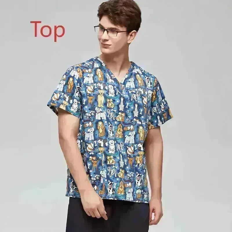 Surgical Gown Printed V-neck Pet Doctor Beauty Hospital Work Clothes Flower Dog Blue EX-STOCK