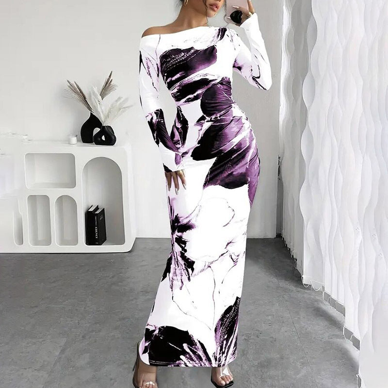 Elegant Long Sleeve Off-Shoulder Tie-Dye Floral Bodycon Dress Stretchy Season Party & Casual Dress EX-STOCK