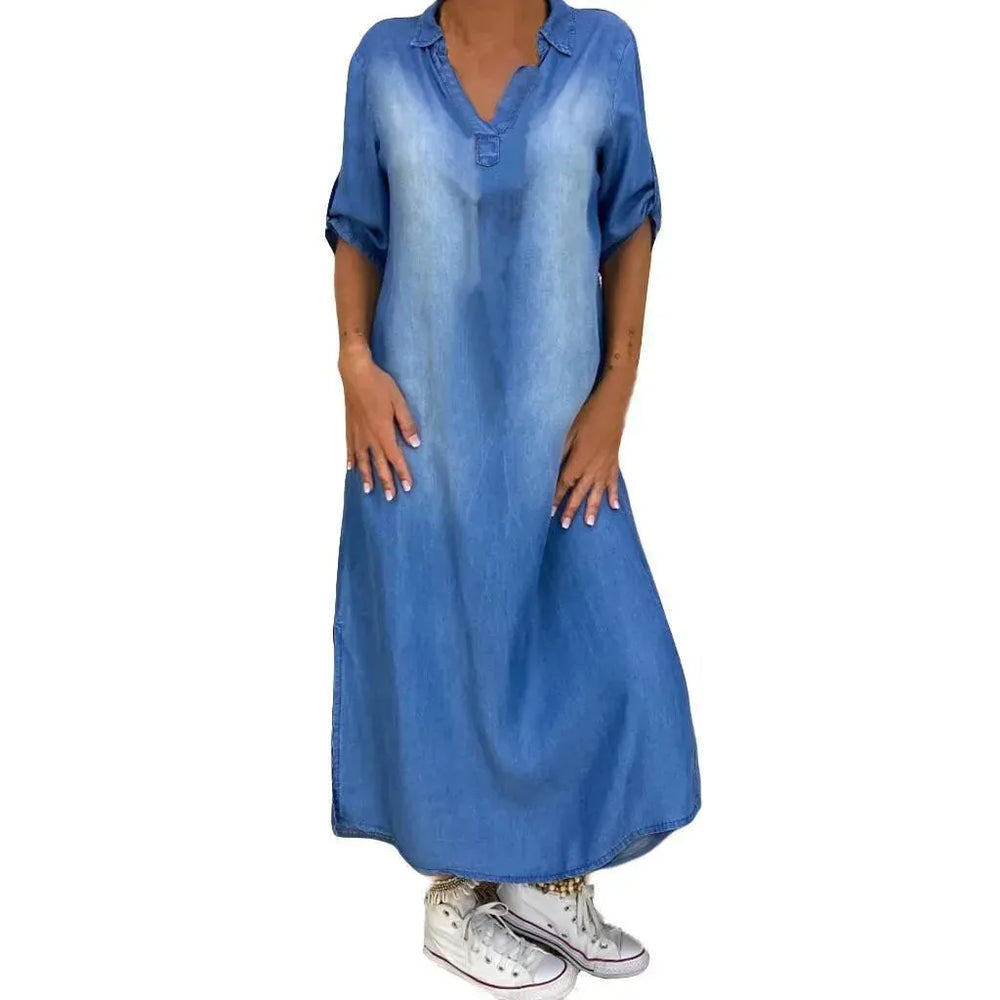 New washed denim dress Side Split Loose Mum Long Jeans Dress - EX-STOCK CANADA