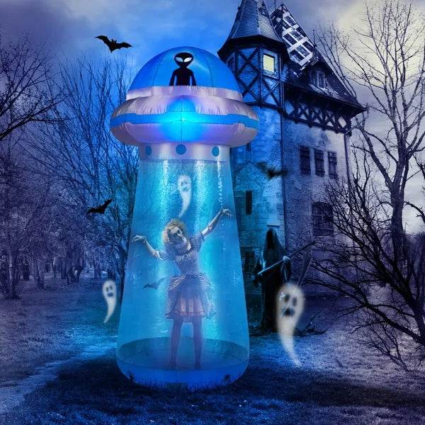 8.8 FT Halloween Inflatable UFO Yard Decoration, Fun Tall Blow Up Yard Decor With Built-in LED Lights And Stand Inside Design For Holiday Party Yard Lawn Garden Decor Indoor Outdoor EX-STOCK