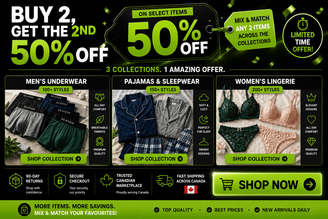Promotional advertisement for a sale on men's underwear, pajamas, sleepwear, and women's lingerie with discounts and collection options.