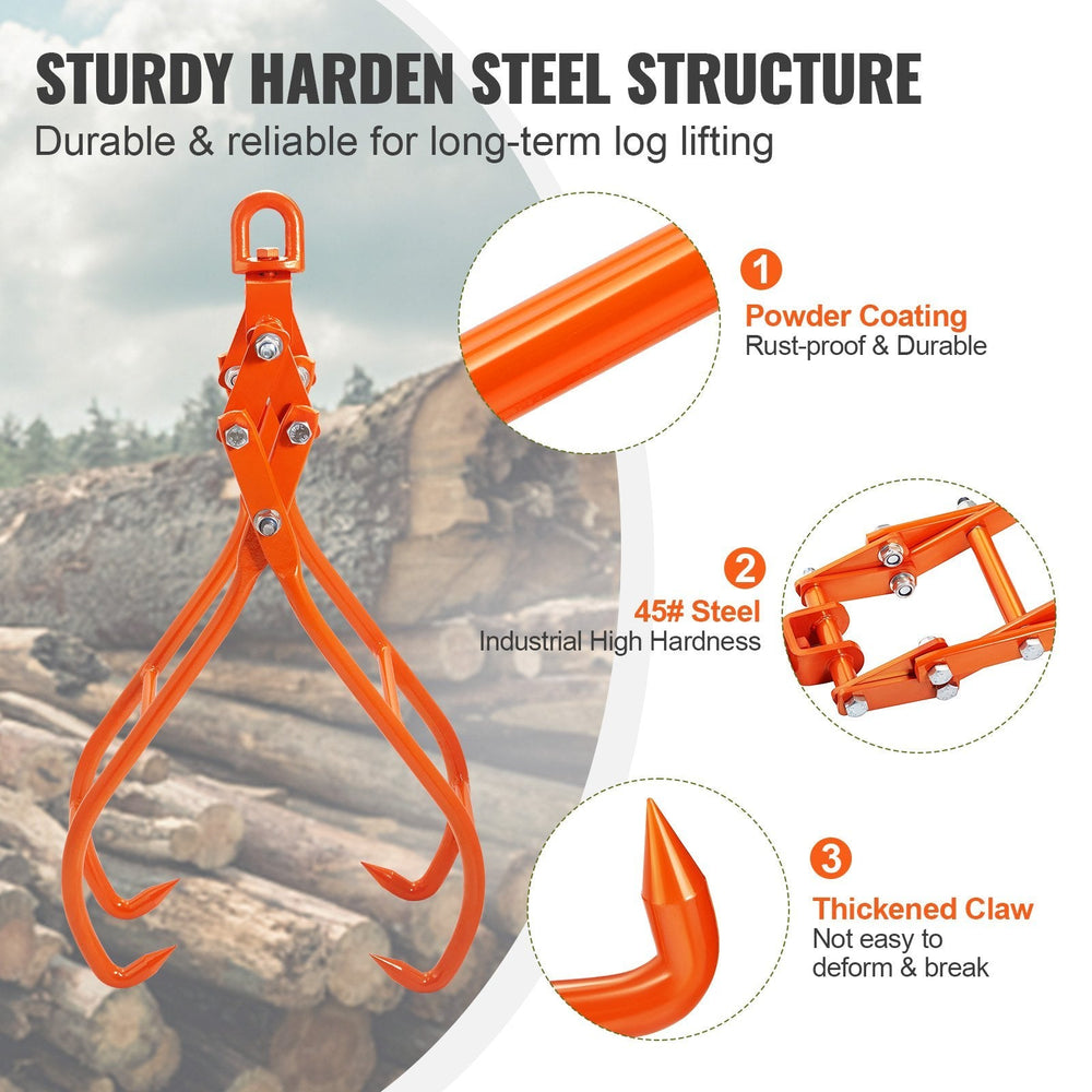 Timber Claw Hook, 36 Inch 4 Claw Log Grapple For Logging Tongs, Swivel Steel Log Lifting Tongs, Eagle Claws Design With 3307 Lbs 1500 Kg Loading Capacity For Tractors, ATVs, Trucks, Forklifts EX-STOCK