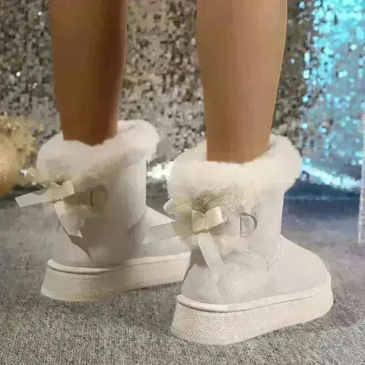 Winter Snow Boots With Bowknot Fashion Round Toe Flat Thickened Suede Cotton Shoes For Women Casual Warm Plush Short Boot - EX-STOCK CANADA