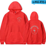 Red hoodie with 'Swimming' text and logo on front and back, on a white background.