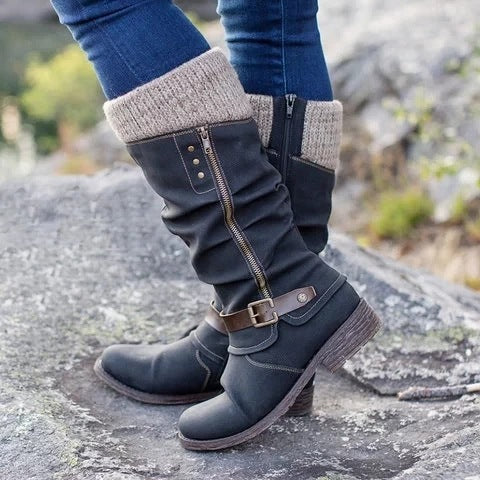 Women's Mid-Calf Slouchy Boots | Side Zipper, Knit Cuff, Block Heel | 5 Colours, Sizes 35–43