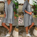Casual Half Button Mid-sleeve loose Washed denim dress - EX-STOCK CANADA