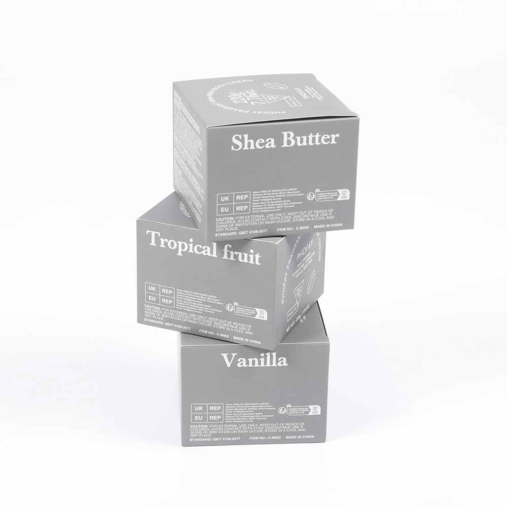 Three boxes labeled 'Shea Butter', 'Tropical Fruit', and 'Vanilla' on a white background