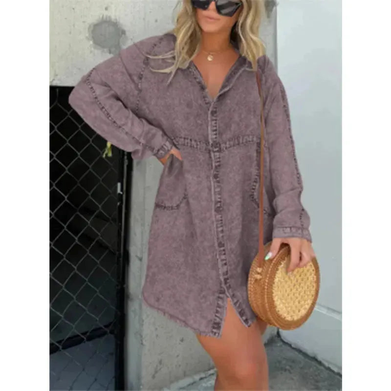 Women's Denim Washed Loose Shirt Dress - EX-STOCK CANADA