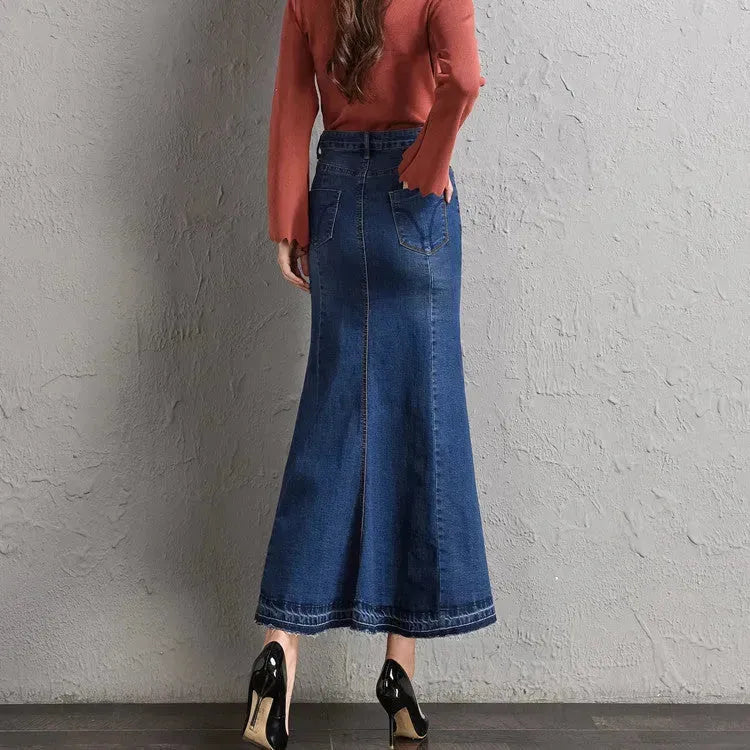 New Fashion Fitted Button up Mermaid Midi Denim Skirt - EX-STOCK CANADA