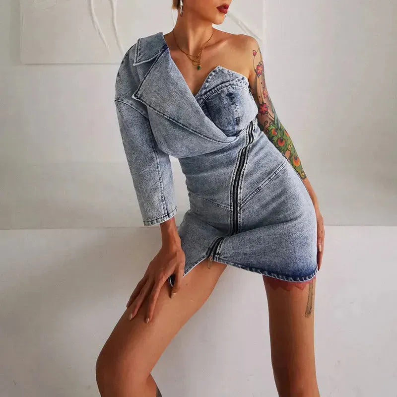 Street Fashion One shoulder Denim Mini Jeans hip dress - EX-STOCK CANADA