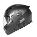 Black motorcycle helmet with clear visor on a white background