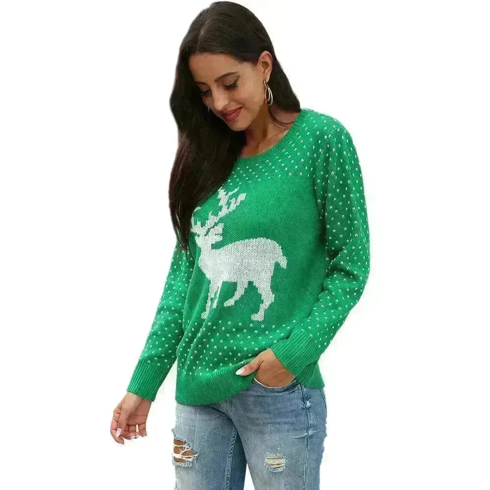 Fawn Reindeer jacquard christmas sweater Round neck women - EX-STOCK CANADA