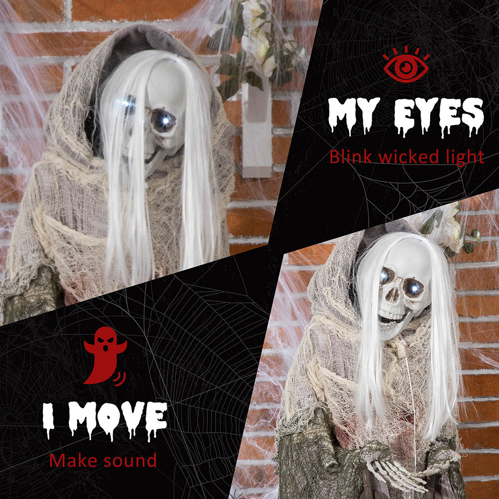 74inch Life Size Outdoor Halloween Decorations Skeleton Witch, Sound And Motion Activated Animated Prop Animatronic Decor With Light Up Eyes, Spooky Sound EX-STOCK