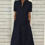 Women's European And American Lapel Casual loose button down Midi Denim jeans Mum Dress - EX-STOCK CANADA