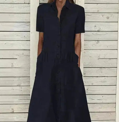 Women's European And American Lapel Casual loose button down Midi Denim jeans Mum Dress - EX-STOCK CANADA