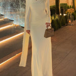 Women's Solid Color Pleated Cape-Sleeve Maxi Dress – Elegant Evening Gown | Apricot | Sizes XS–XL