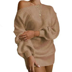 Autumn Winter Slant Shoulder Off Lantern sleeve Mini knitted wool sweater dress - EX-STOCK CANADA