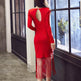 Autumn and winter women V-neck long-sleeved tassel bag hip slim slimming dress - EX-STOCK Canada