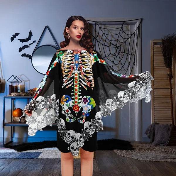 Halloween Skeleton Poncho, Lace Skeleton Halloween Costume Poncho Day Of The Dead Poncho For Women EX-STOCK