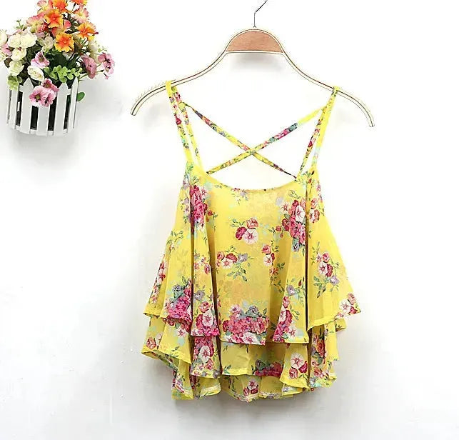 Women Summer Strap Floral Print Chiffon Blouse Tops Retro Floral Cross-Shoulder Shirts Sleeveless T - EX-STOCK CANADA