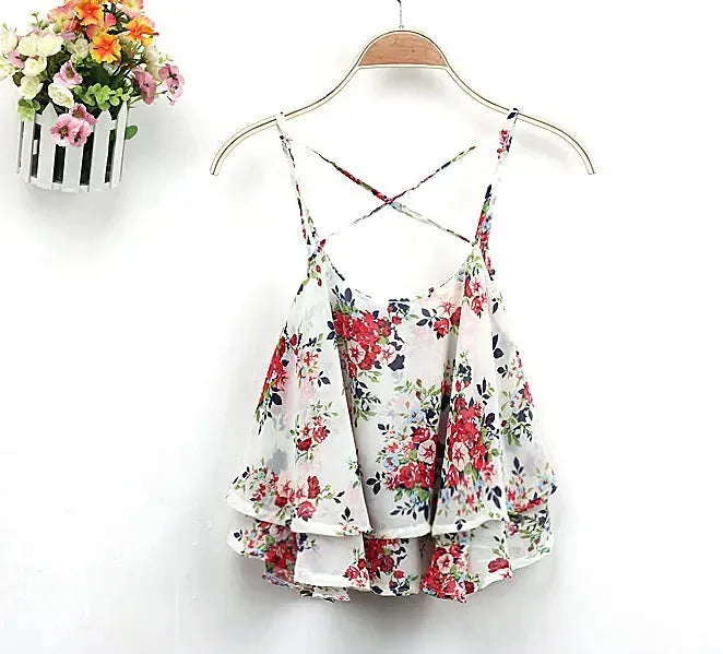 Women Summer Strap Floral Print Chiffon Blouse Tops Retro Floral Cross-Shoulder Shirts Sleeveless T - EX-STOCK CANADA