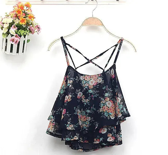 Women Summer Strap Floral Print Chiffon Blouse Tops Retro Floral Cross-Shoulder Shirts Sleeveless T - EX-STOCK CANADA
