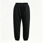 Black jogger-style pants with an elastic waistband, tapered legs, elastic cuffs, and a zippered pocket on one leg, shown against a plain white background.