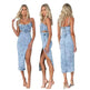 Women's Fashion Personalized Sleeveless Sling Denim Split Midi fitted Dress - EX-STOCK CANADA