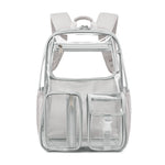 Clear backpack with white straps on a white background