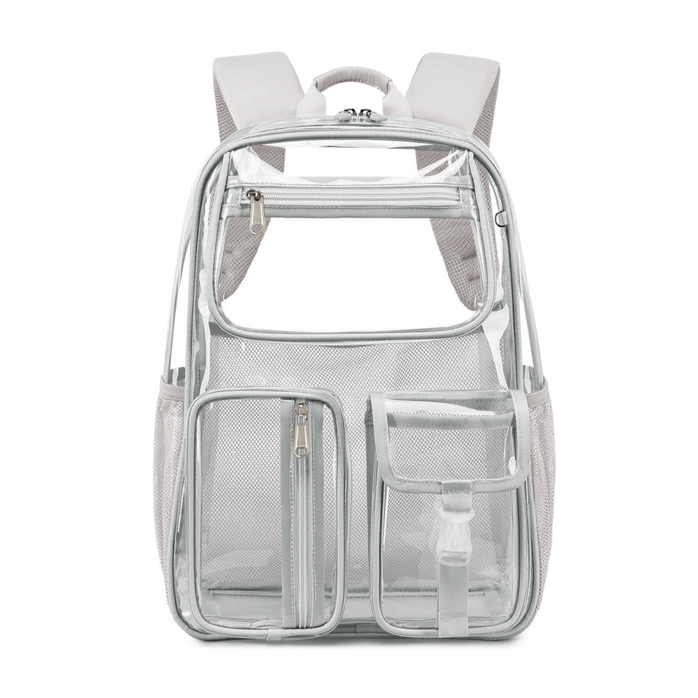 Clear backpack with white straps on a white background