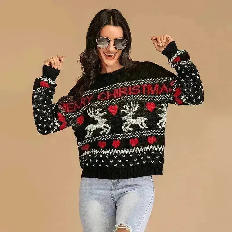 Christmas fawn Antics Reindeer Black  pullover sweater - EX-STOCK CANADA