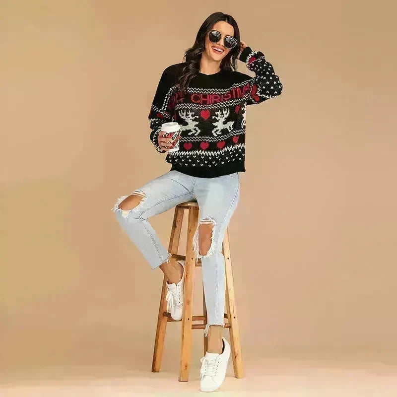 Christmas fawn Antics Reindeer Black  pullover sweater - EX-STOCK CANADA