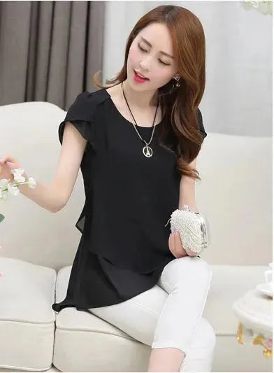 New Spring Summer Women Chiffon Loose Blouse  top O-Neck Short sleeve Plus size - EX-STOCK CANADA
