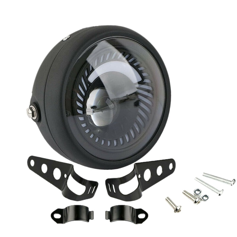 Motorcycle headlight assembly with mounting hardware on a white background