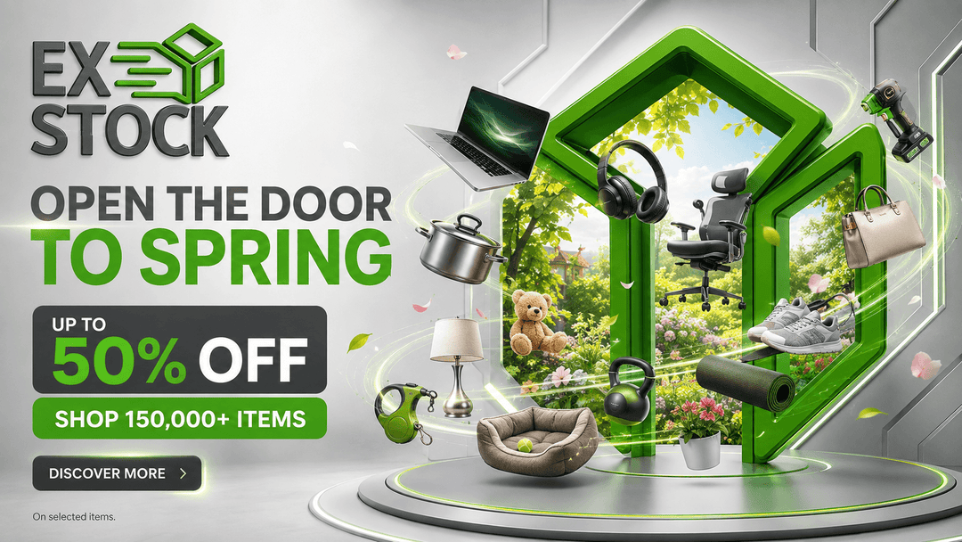 Promotional banner for EX- STOCK featuring a green house-shaped floating frame filled with assorted spring-themed products including a laptop, headphones, office chair, shoes, pot, lamp, teddy bear, and other home goods. Large text reads 'EX3 STOCK', 'OPEN THE DOOR TO SPRING', 'UP TO 50% OFF', and 'SHOP 150,000+ ITEMS'.