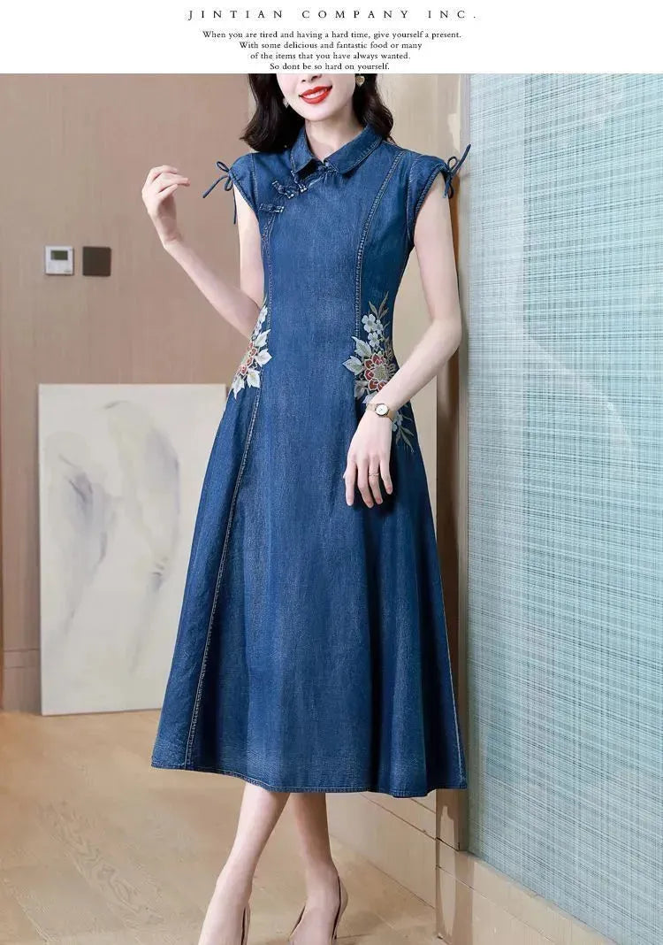 New Modified Version Denim Jeans Flared Midi Dress Female Machine Embroidery Retro - EX-STOCK CANADA