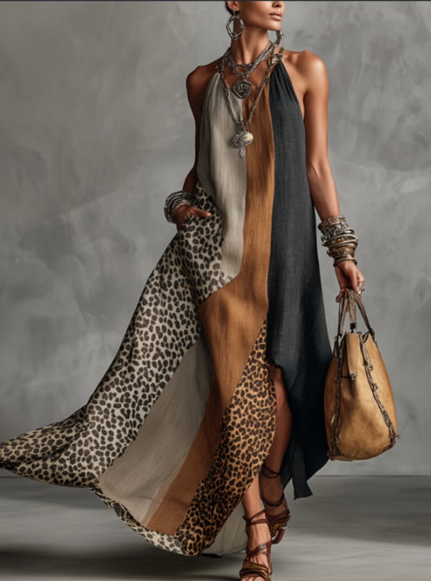 2026 New Leopard Print Contrasting Splicing Hanging Neck Sleeveless Slit Long Skirt 