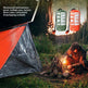 Emergency sleeting bag outdoor emergency tent in orange, shown with a camping scene of a person by a fire and two floating product views of the bag.