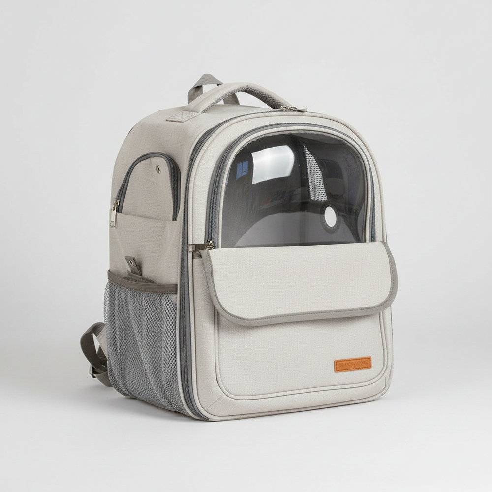 A light gray and white pet backpack with a clear window showing a dog inside, set against a plain light gray background.
