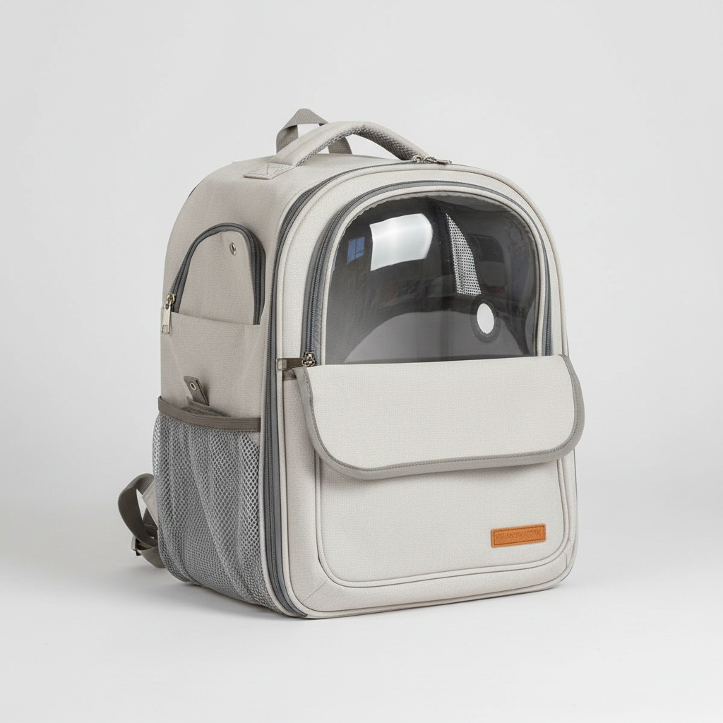 A light gray and white pet backpack with a clear window showing a dog inside, set against a plain light gray background.