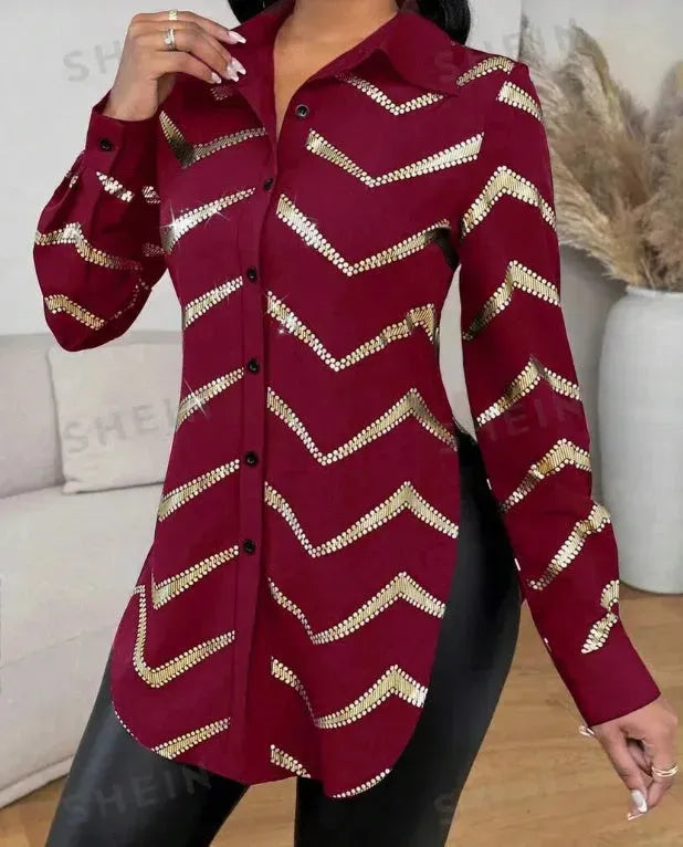 Lyxana Open Placket Foil Print Random Cut Shoulder Long Sleeve Cinched Waist Blouse Women tunic Shirt - EX-STOCK CANADA